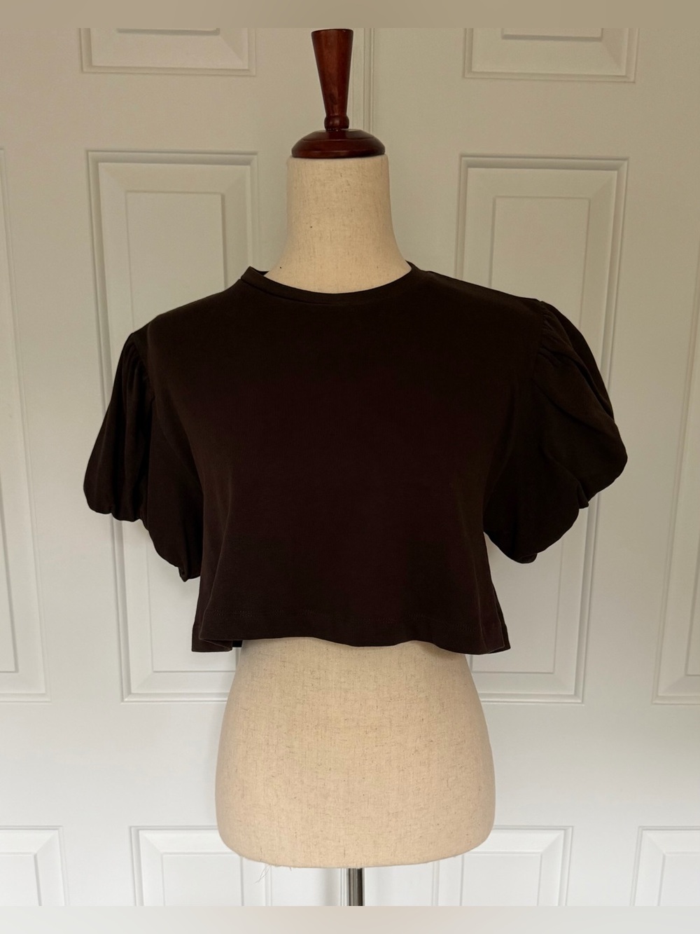 Zara Chocolate Brown Puff Sleeve Cropped Top Size S